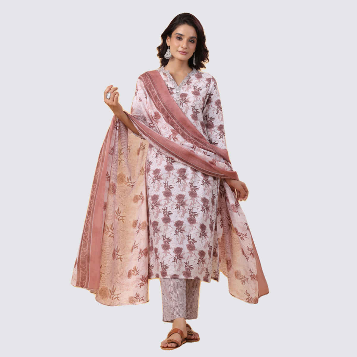 Janasya Women's Cotton Blend Floral Printed Straight Kurta Set | White - XS