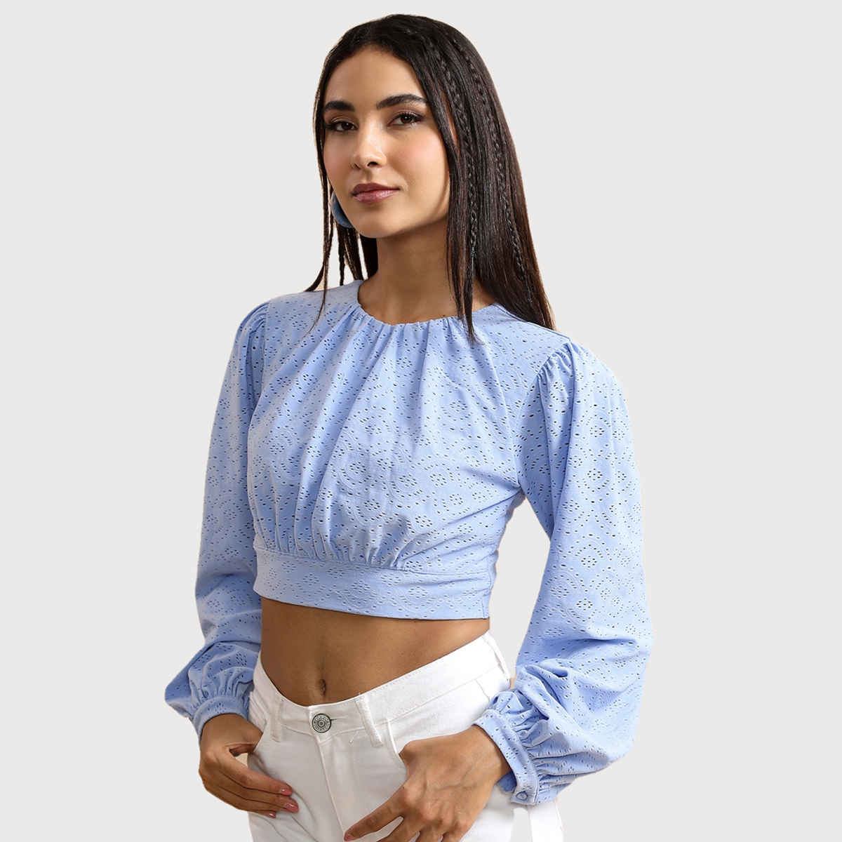 Ketch Women's Self Design Round Neck Crop Top | Blue - XL