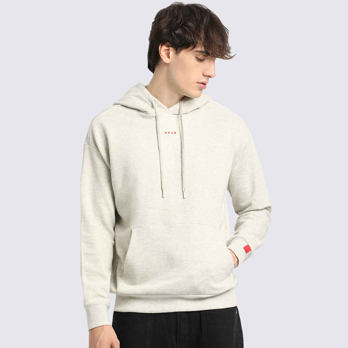 The Bear House Men's Solid Relaxed Fit Hoodie | Grey - M