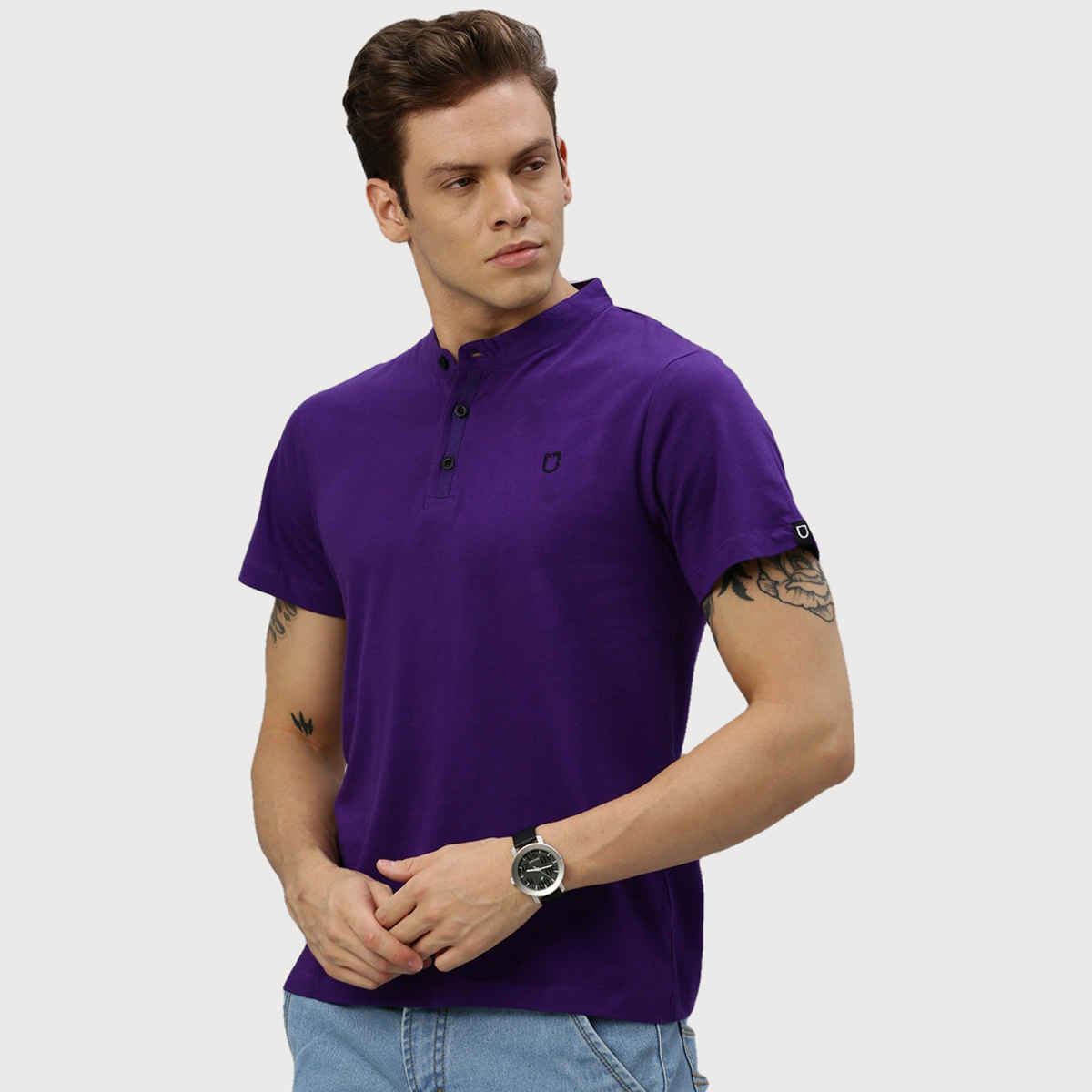 Urbano Fashion Men's Purple Solid Mandarin Collar Slim Fit Cotton T-Shirt-M