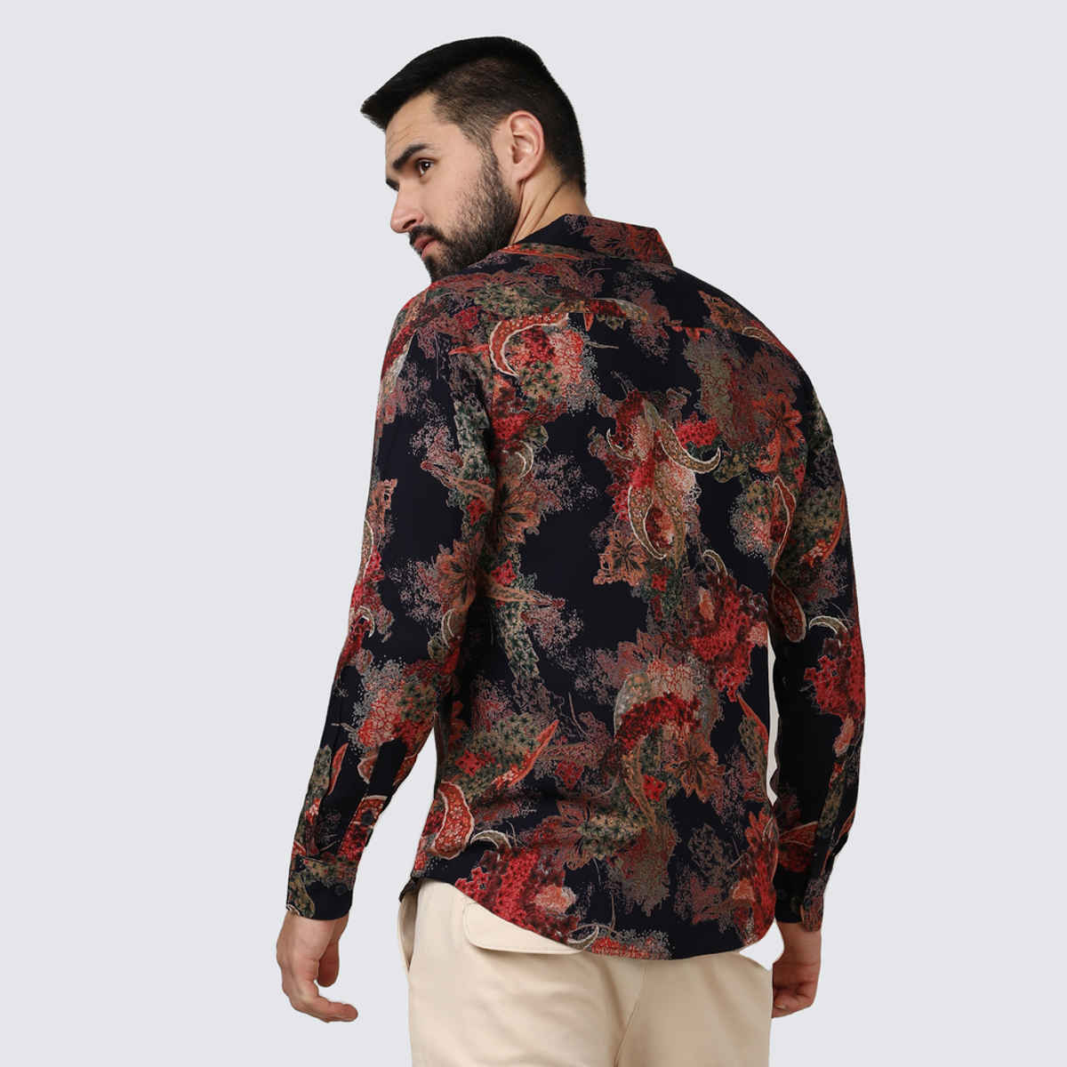 Campus Sutra Men's Paisley Flora Shirt | Crimson Red & Midnight Black - M
