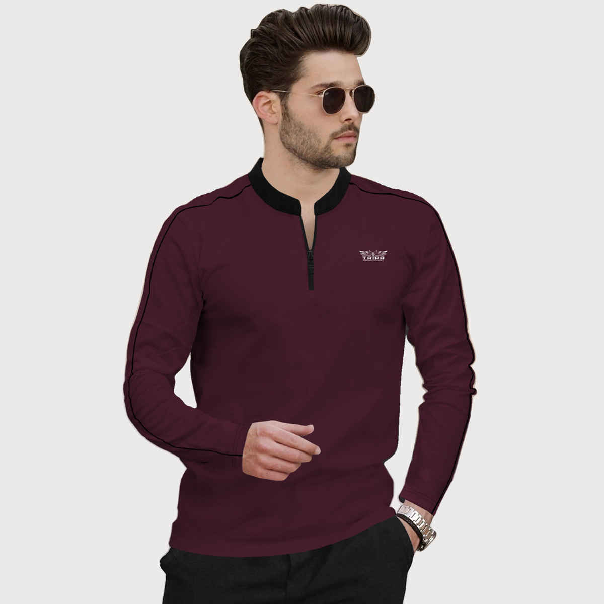 TRIPR Men Cotton Blend Mandarin Collar T-shirt | Maroon and Black - S
