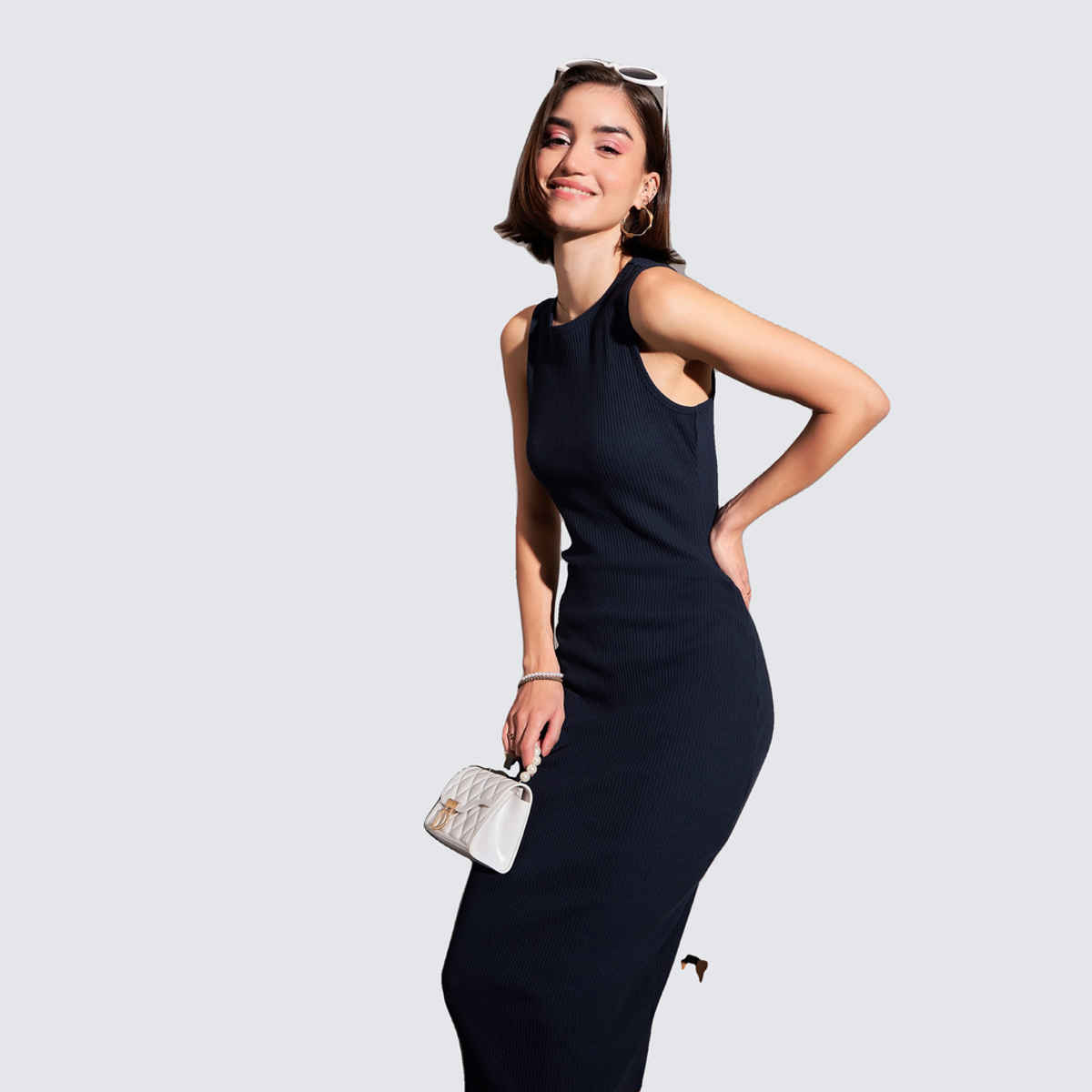 SASSAFRAS Women's Rib Sleeveless Bodycon Dress | Navy - M