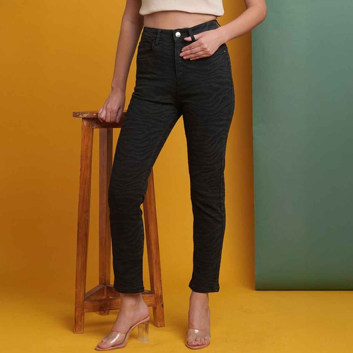 Freehand Women's Animal Print Straight Denim Jeans | Black - 34