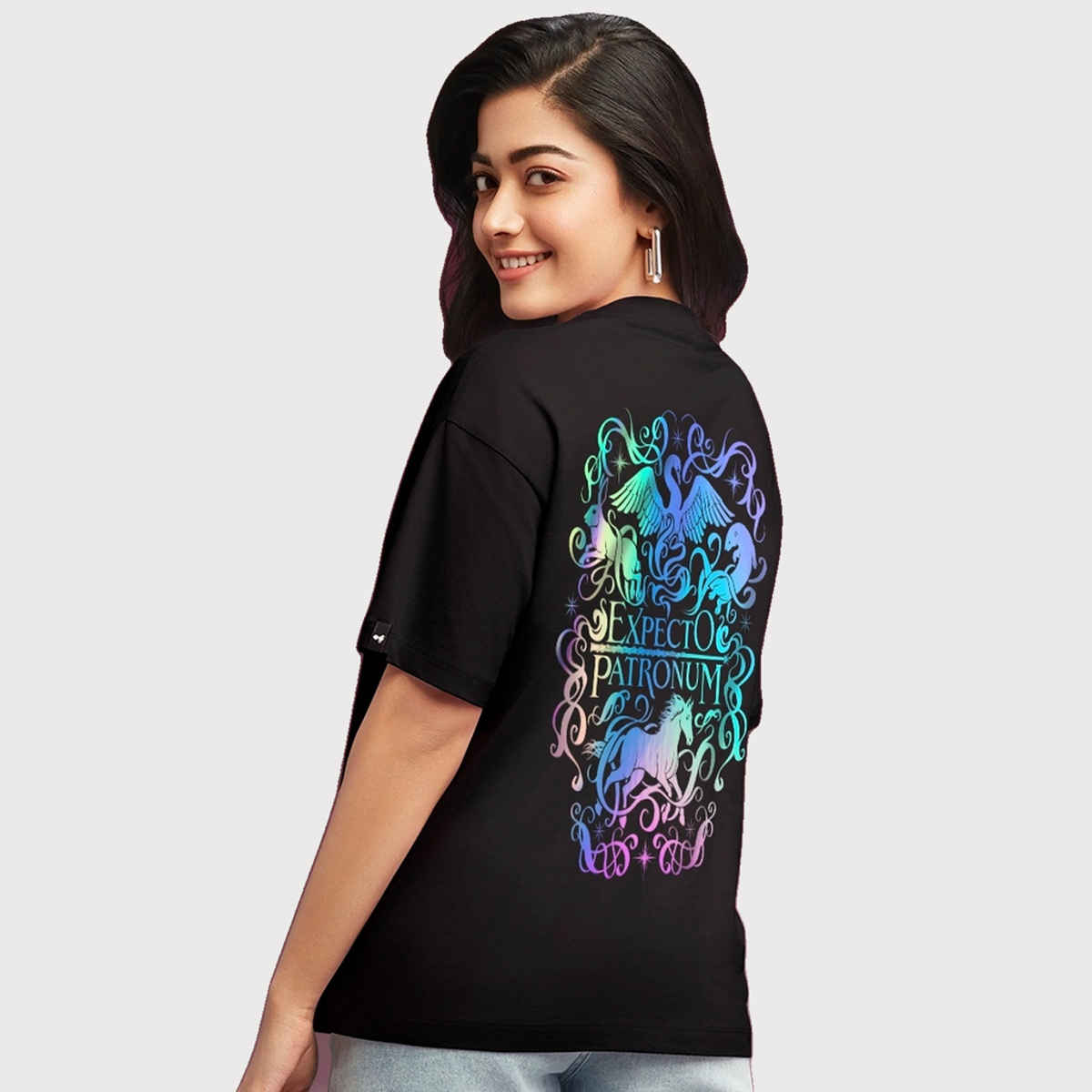 Bewakoof Harry Potter Merchandise Women's Expecto Graphic Printed Oversized T-shirt | Black - M