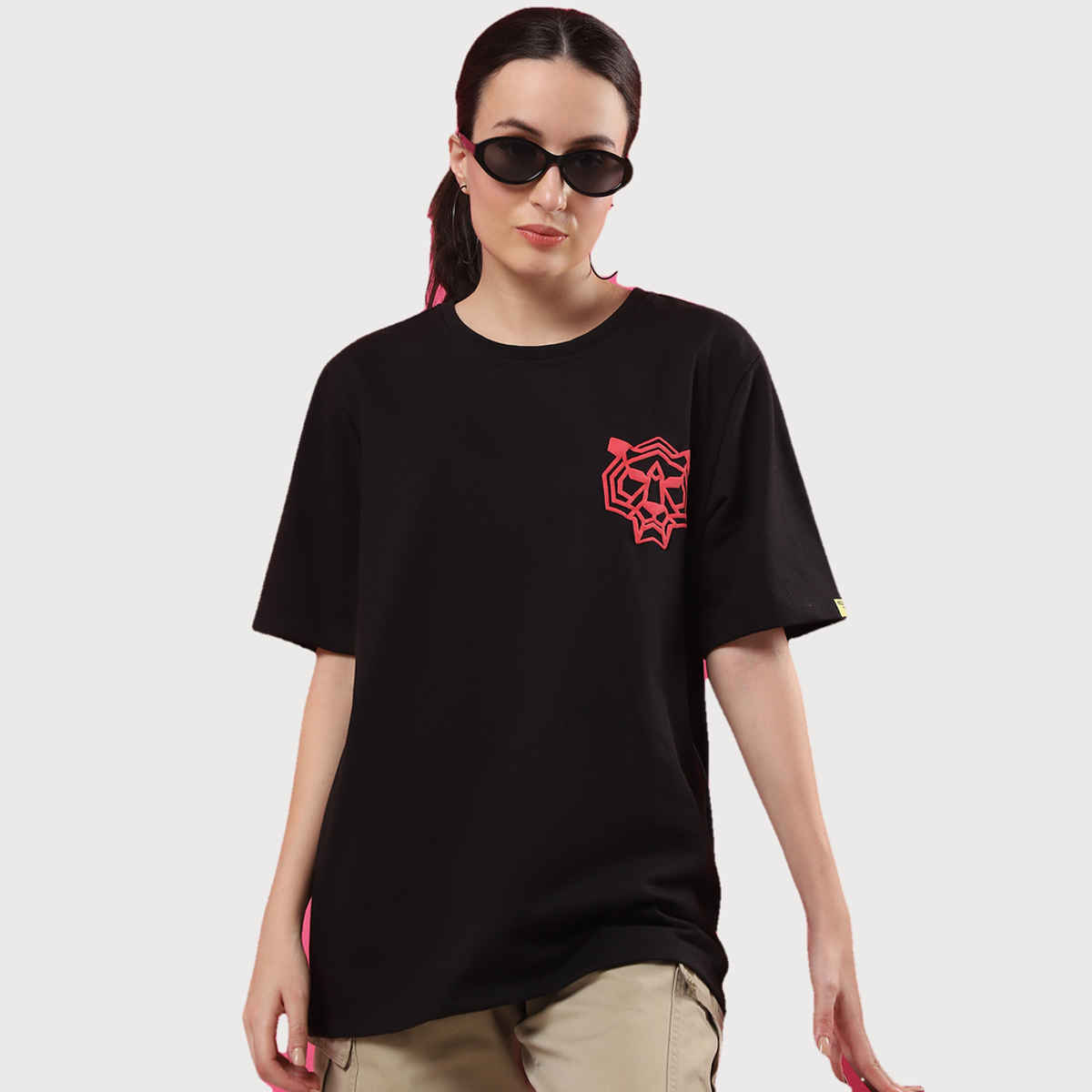 Rigo Women Terry Oversized Back Tiger Printed T-shirt | Black - L