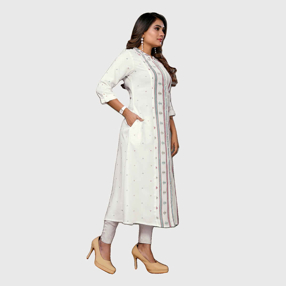 Rangita Women's Off White Rayon Printed Calf Length A-Line Kurta | S