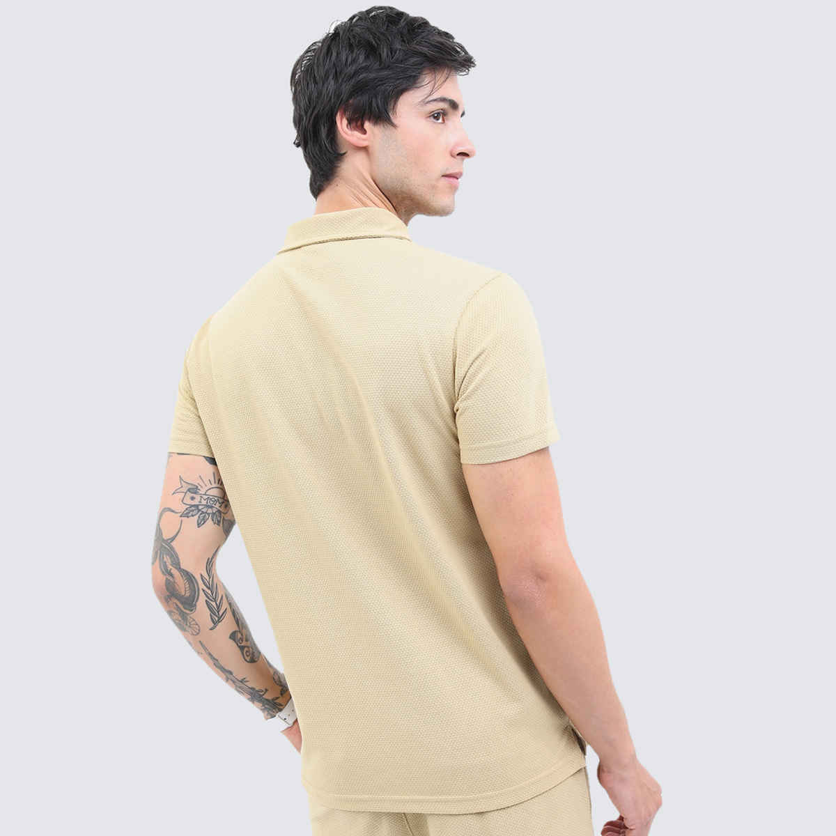Highlander Men's Popcorn Structured Regular Fit Polo Collar T-shirt | Cream | L