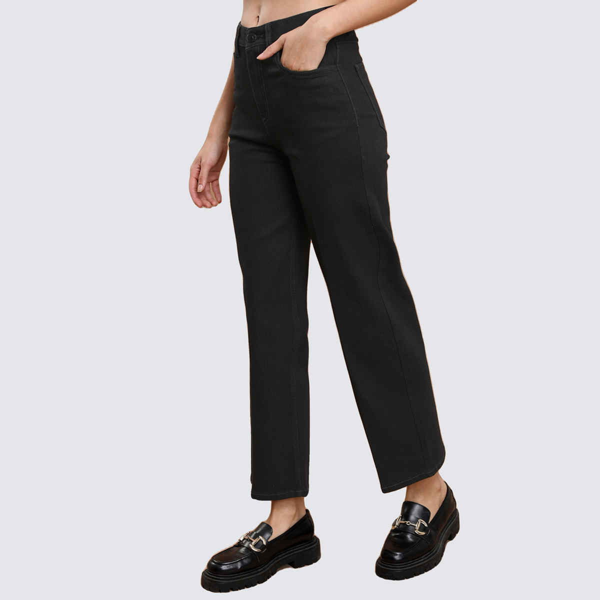 Tokyo Talkies Women's Flared Mid-Rise Clean Look Straight Fit Stretchable Jeans | Black - 30