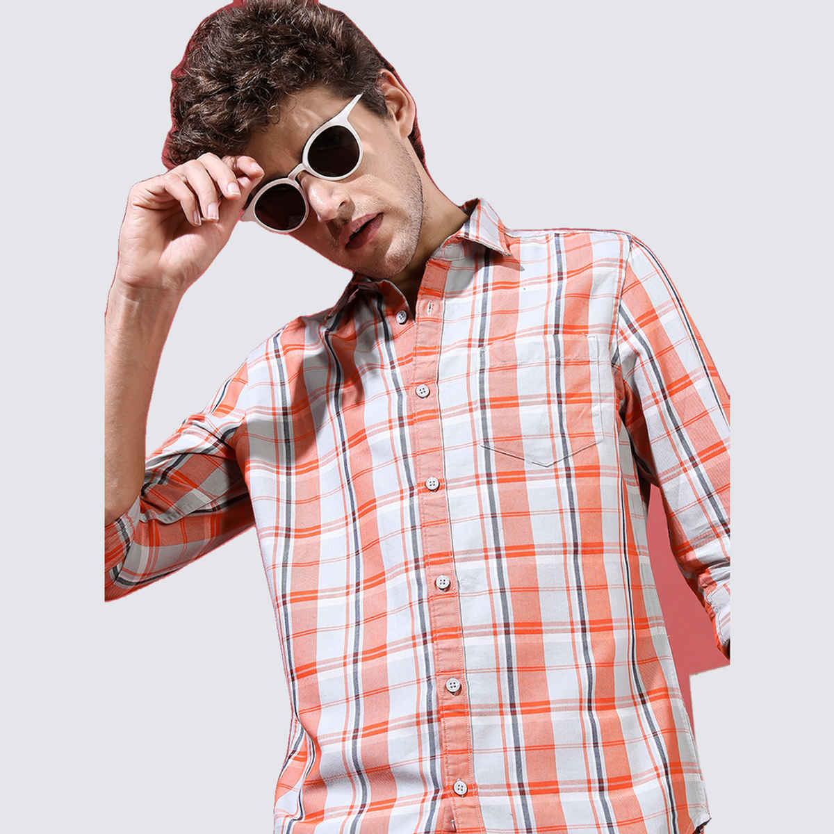 HIGHLANDER Men's Slim Fit Checked Shirt | Orange and Grey - M