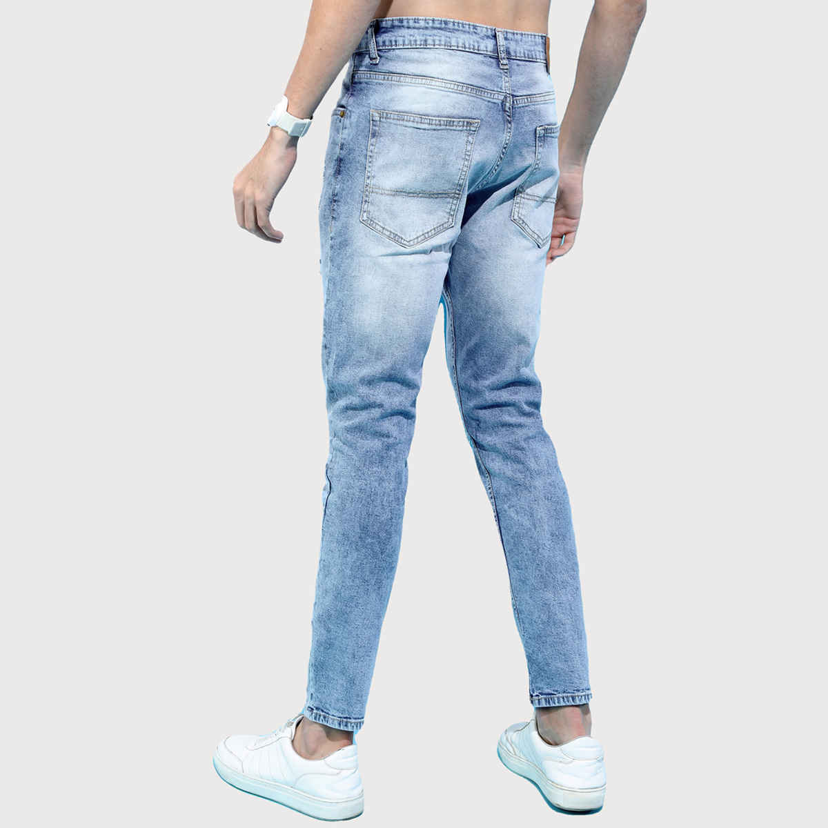 Highlander Men's Tapered Fit Mid-Rise Mildly Distressed Stretchable Jeans | Light Blue - 36