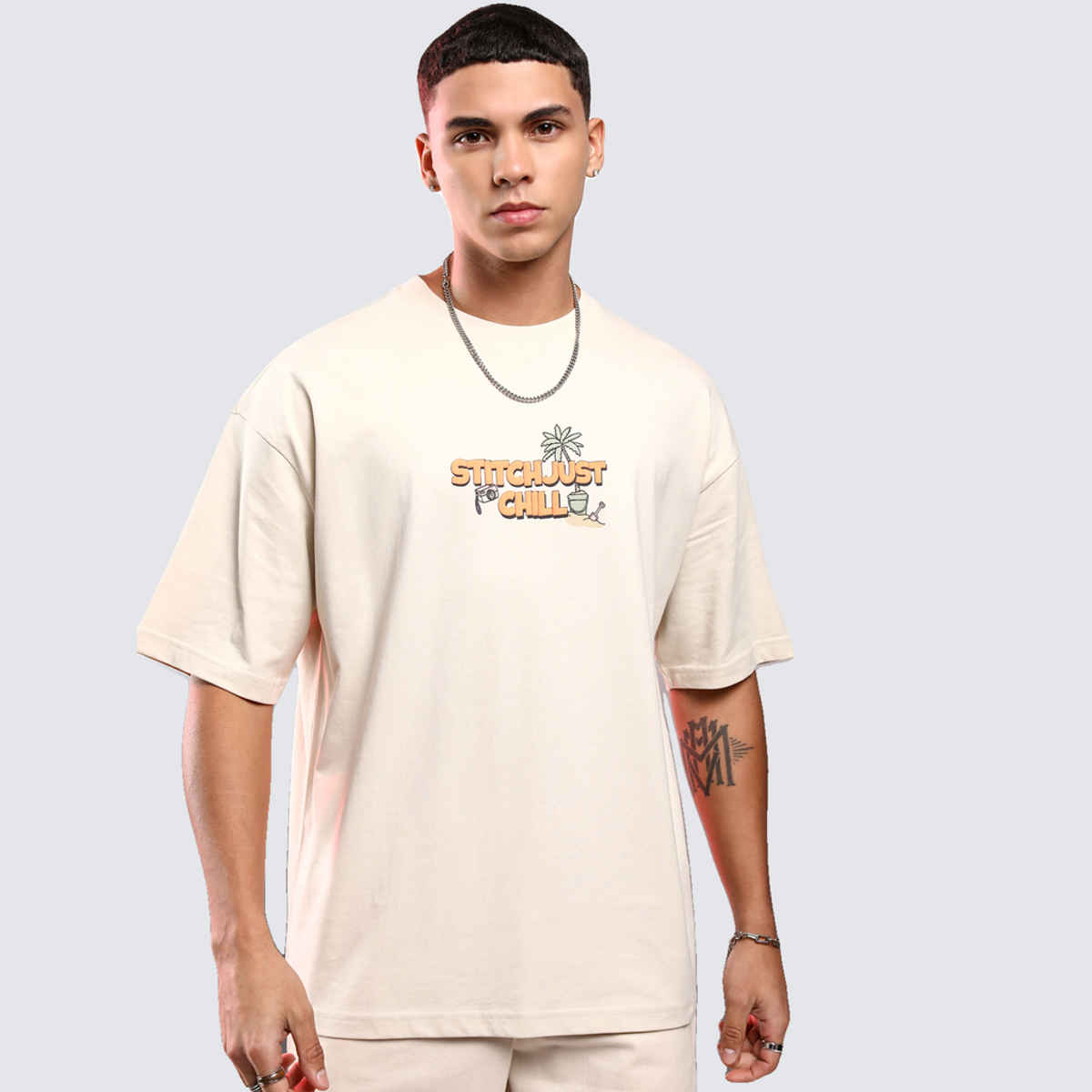 Highlander Men's Disney Stitch Printed Oversized Short Sleeve Drop Shoulder T-shirt | Cream - XS