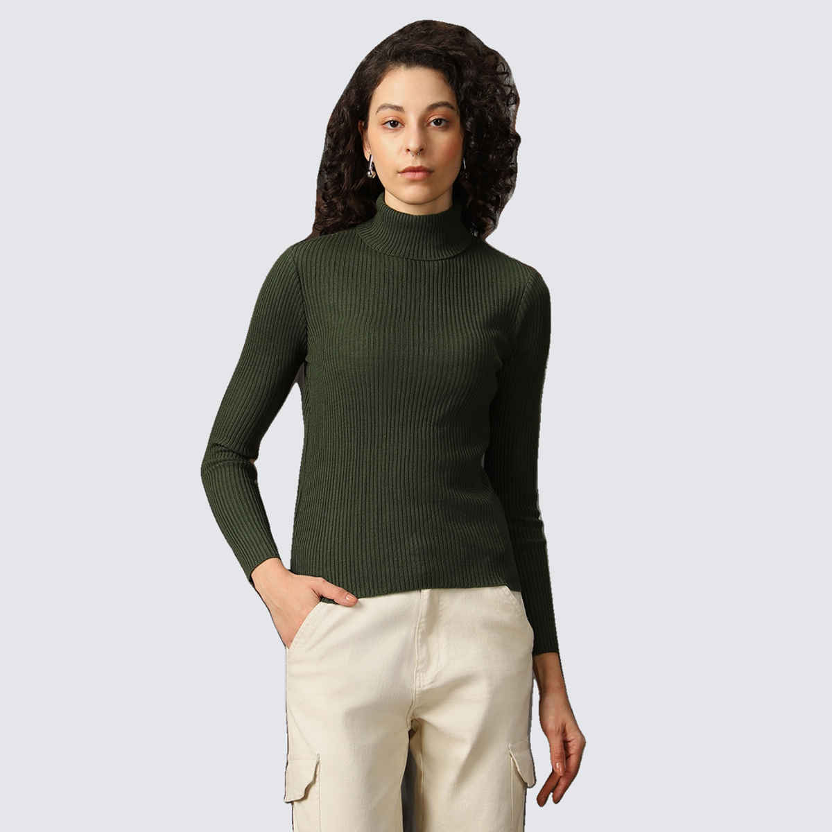 High Star Women's Turtle Neck Solid Ribbed Pullover | Dark Green - M