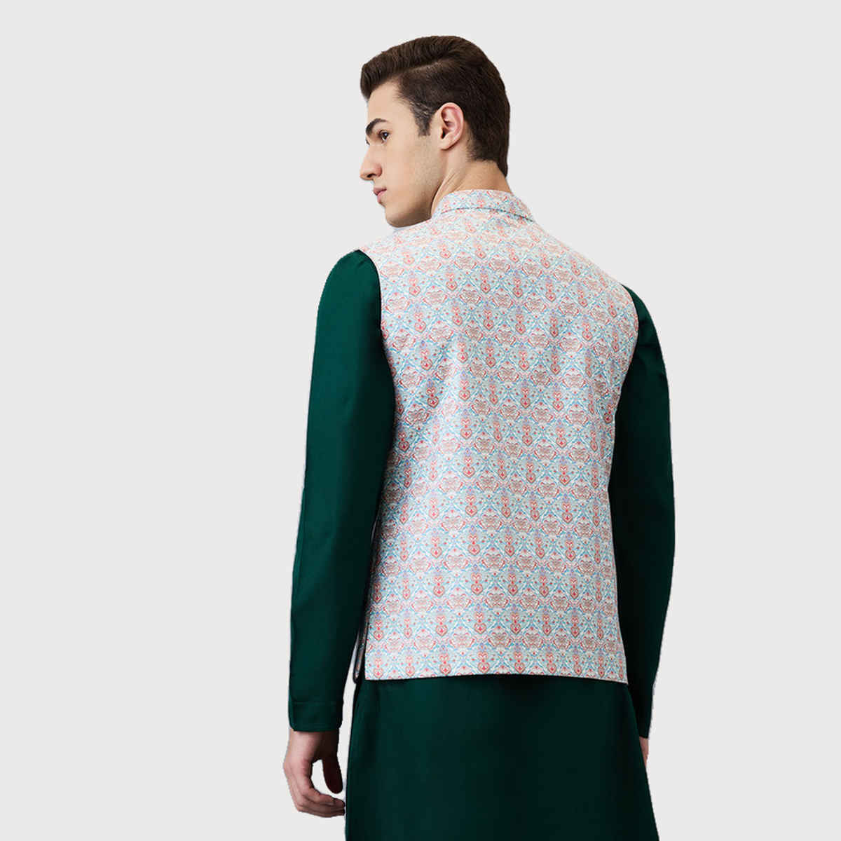 Ethnix by Raymond Men's Regular Fit Poly Cotton Blend Print Stand Collar Bundi | Light Blue - L