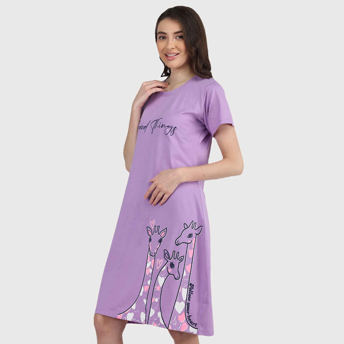 Duchess Women's Cotton Blend Printed Knee Length Nighty | Lavender - L
