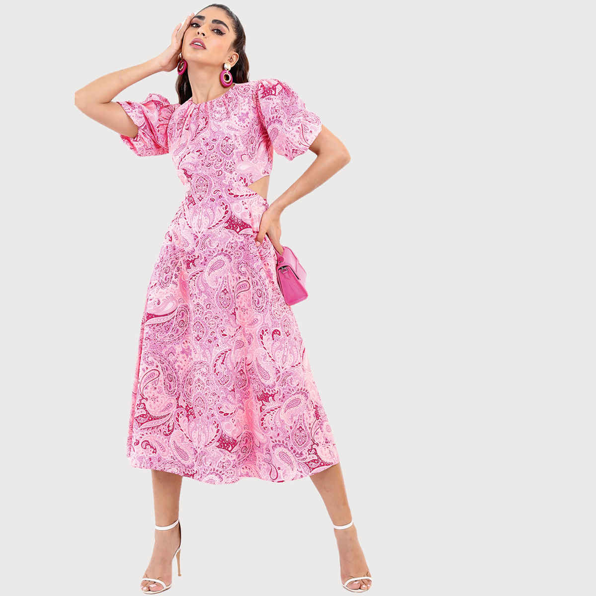 Tokyo Talkies Ethnic Printed Midi Fit And Flare Dress | Pink - S