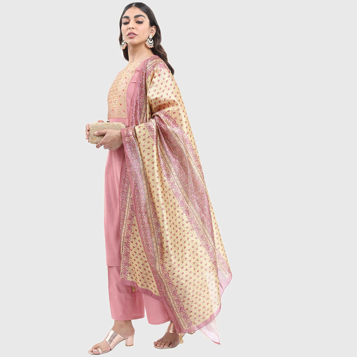 KETCH Women's Woven Design Straight Kurta with Palazzos and Dupatta | Multicolour - XL