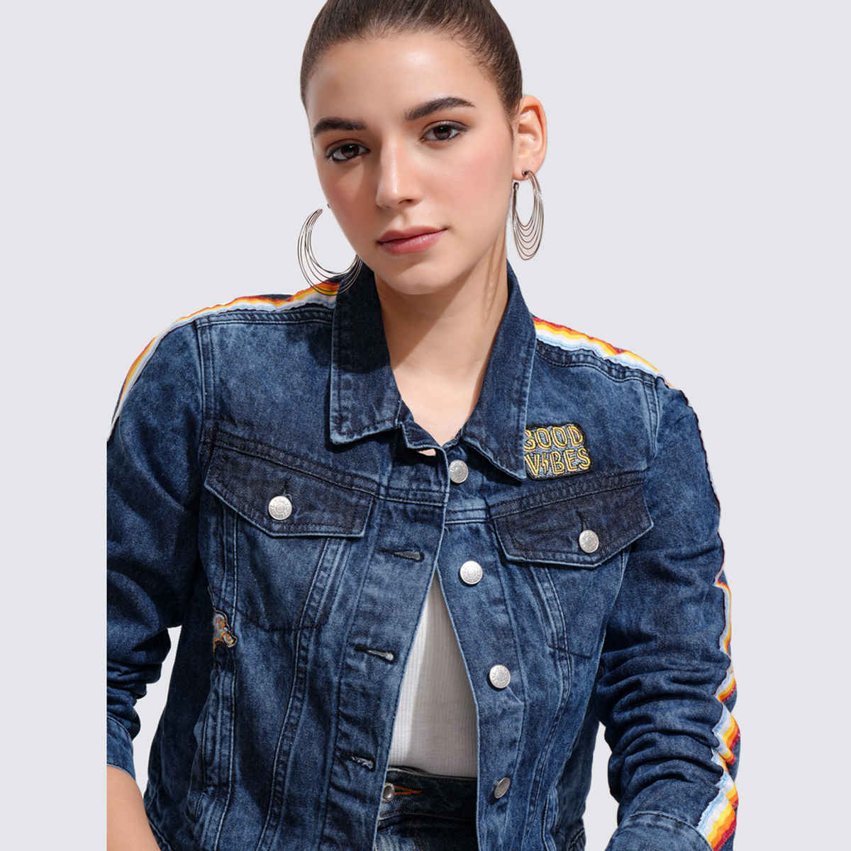 Tokyo Talkies Women's Solid Denim Jacket | Mid Blue - XL