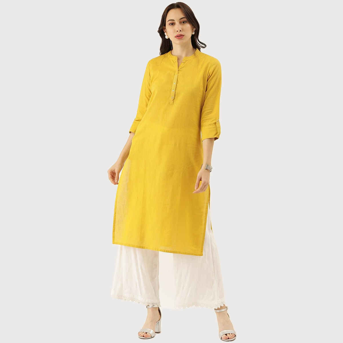 Divena women's Yellow Solid Straight Roll up Sleeve Kurti DK0565 | XL