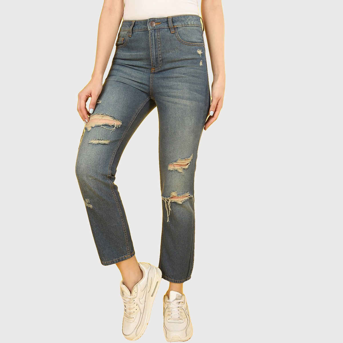 Freehand Women's Distress Straight Fit Jeans | Blue - 28
