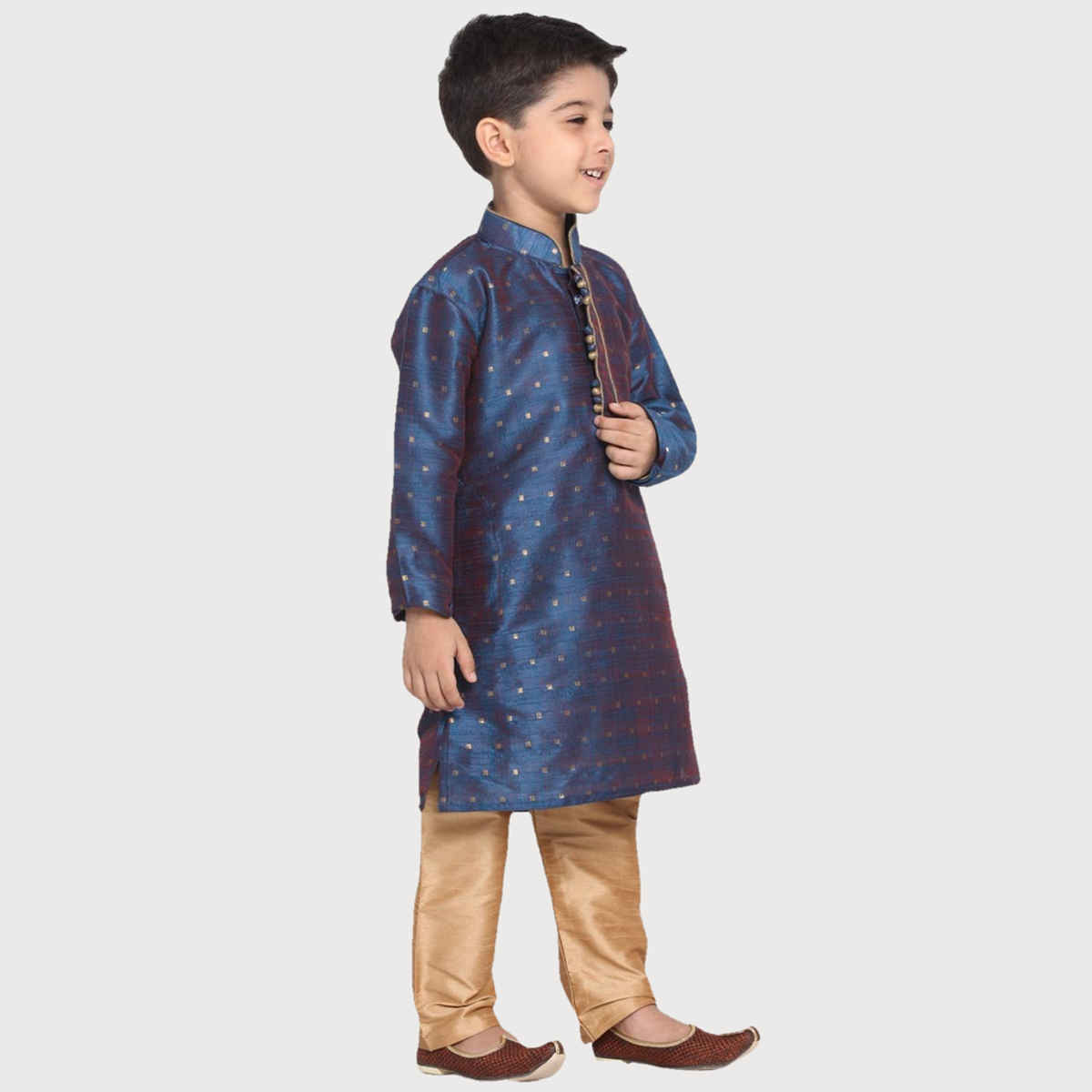 Vastramay Boy's Silk Blend Kurta Pyjama Set | Persian Blue & Rose Gold - 9 to 10 years