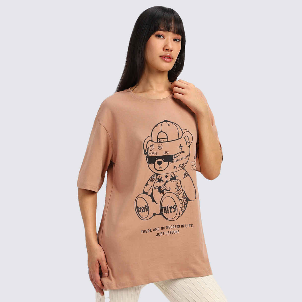 Juneberry Beige Print Graphic Oversized fit Tshirt for Women - S