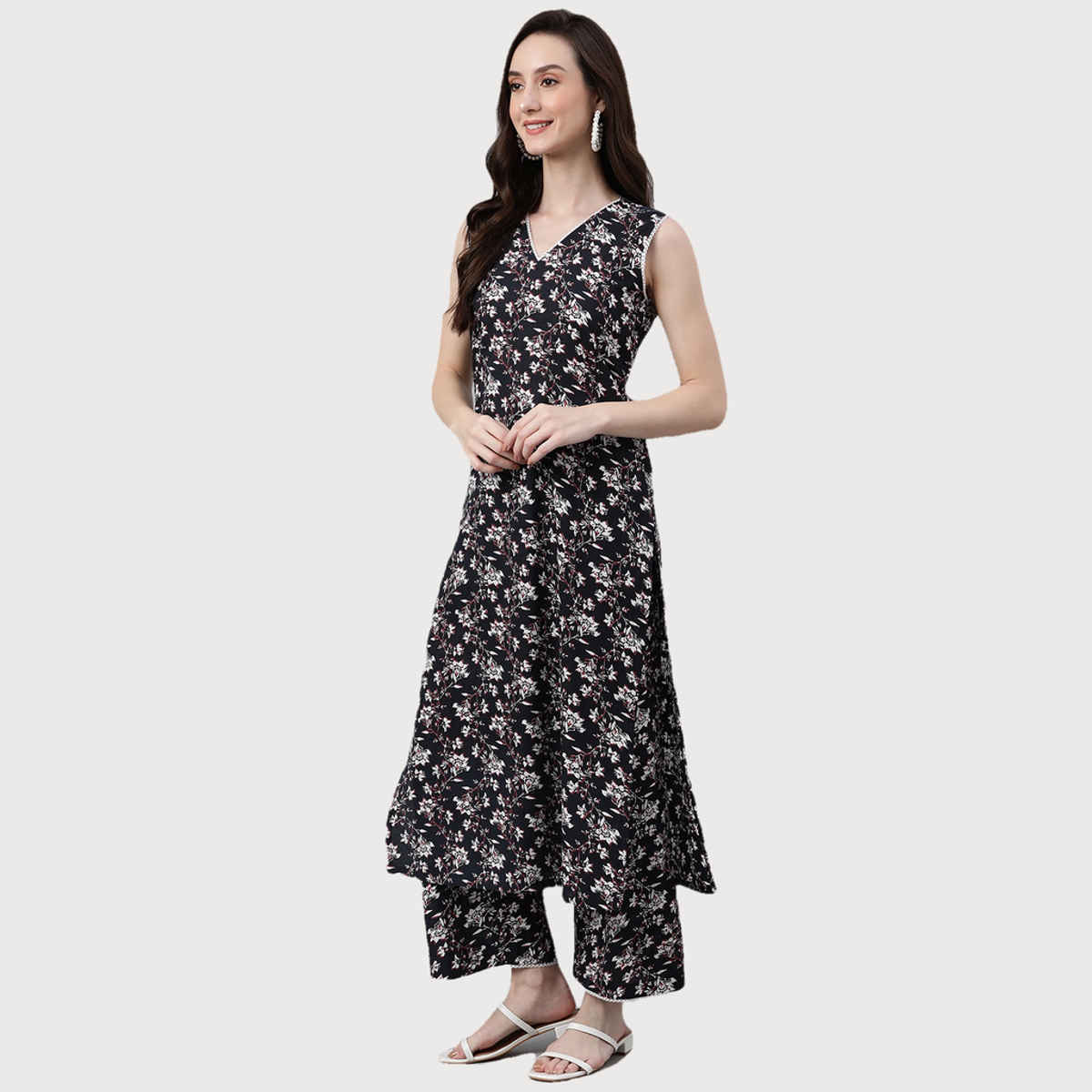 Janasya Women's Black Pure Cotton Floral Printed Kurta with Palazzo | S