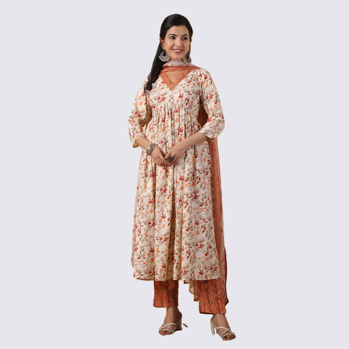 Janasya Women's Rayon Floral Printed A-line Kurta Set | Cream - XXL
