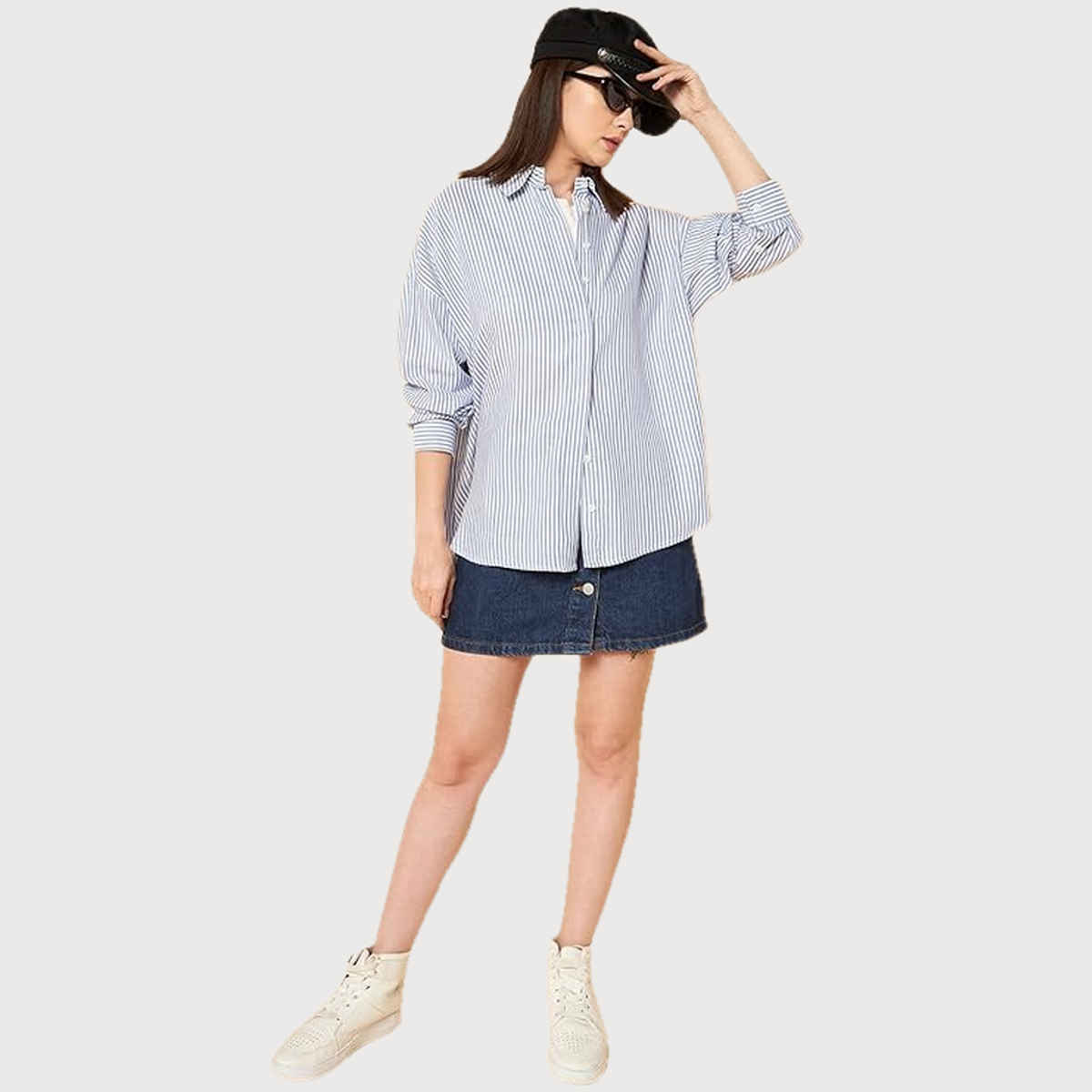 High Star Women Oversized Blue Striped Cotton Casual Shirt (Size-XL)