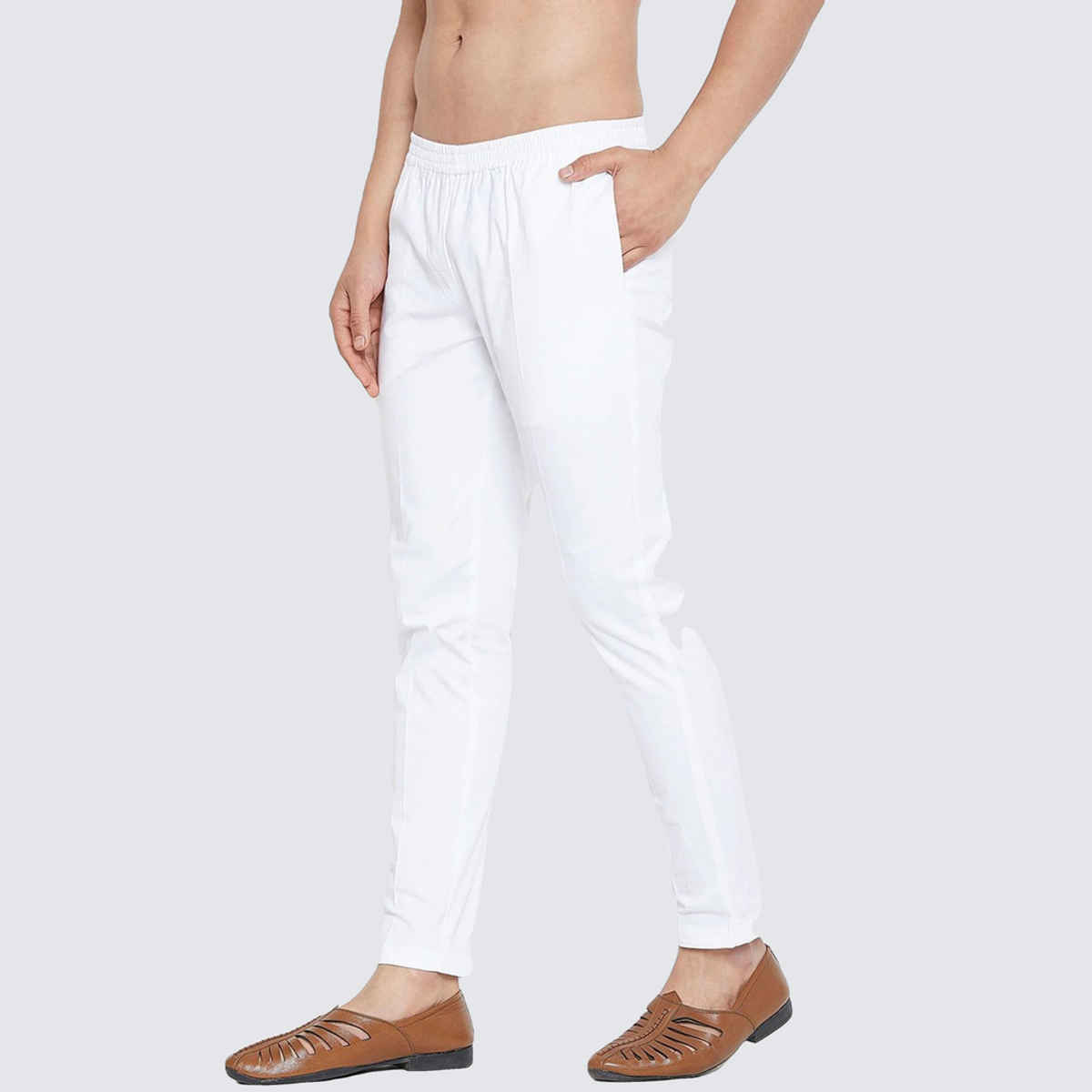 See Designs Men's Solid Trouser Style Churidar | Elasticated Waistband | White - XL