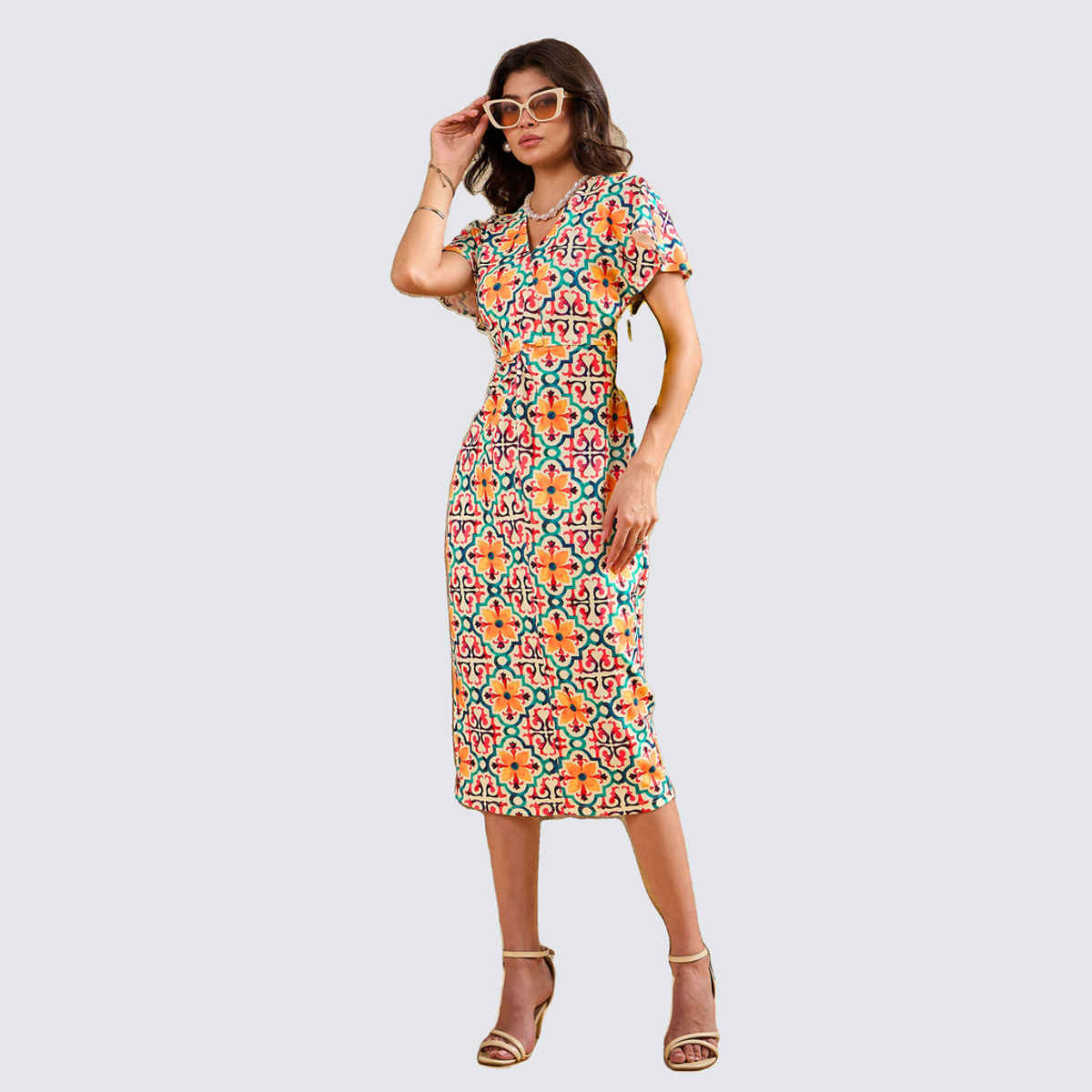 SASSAFRAS Women's Yellow Printed V-Neck Bodycon Dress | Yellow - XL