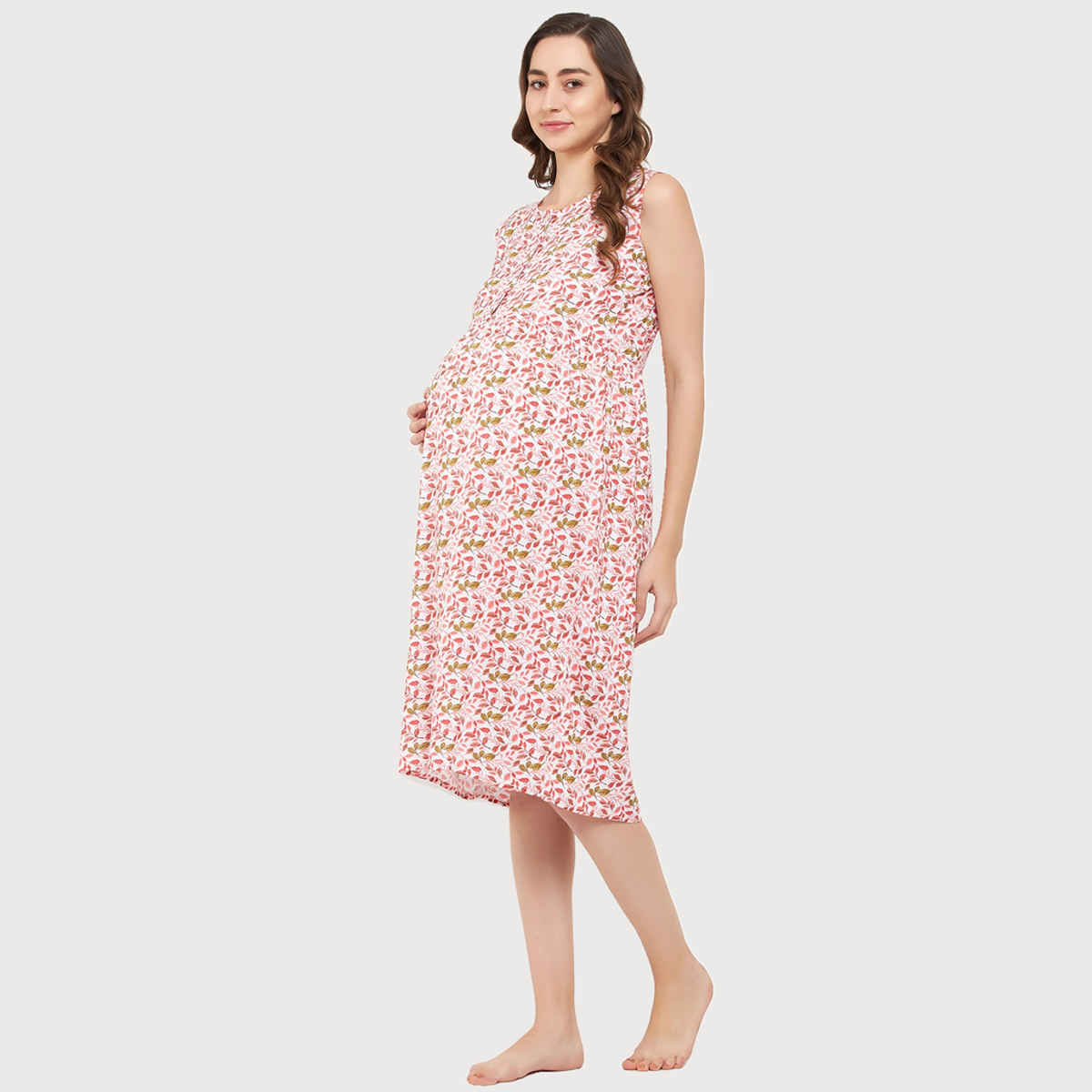Clovia Maternity Leaf Print Sleep Dress - Rayon(White - S)