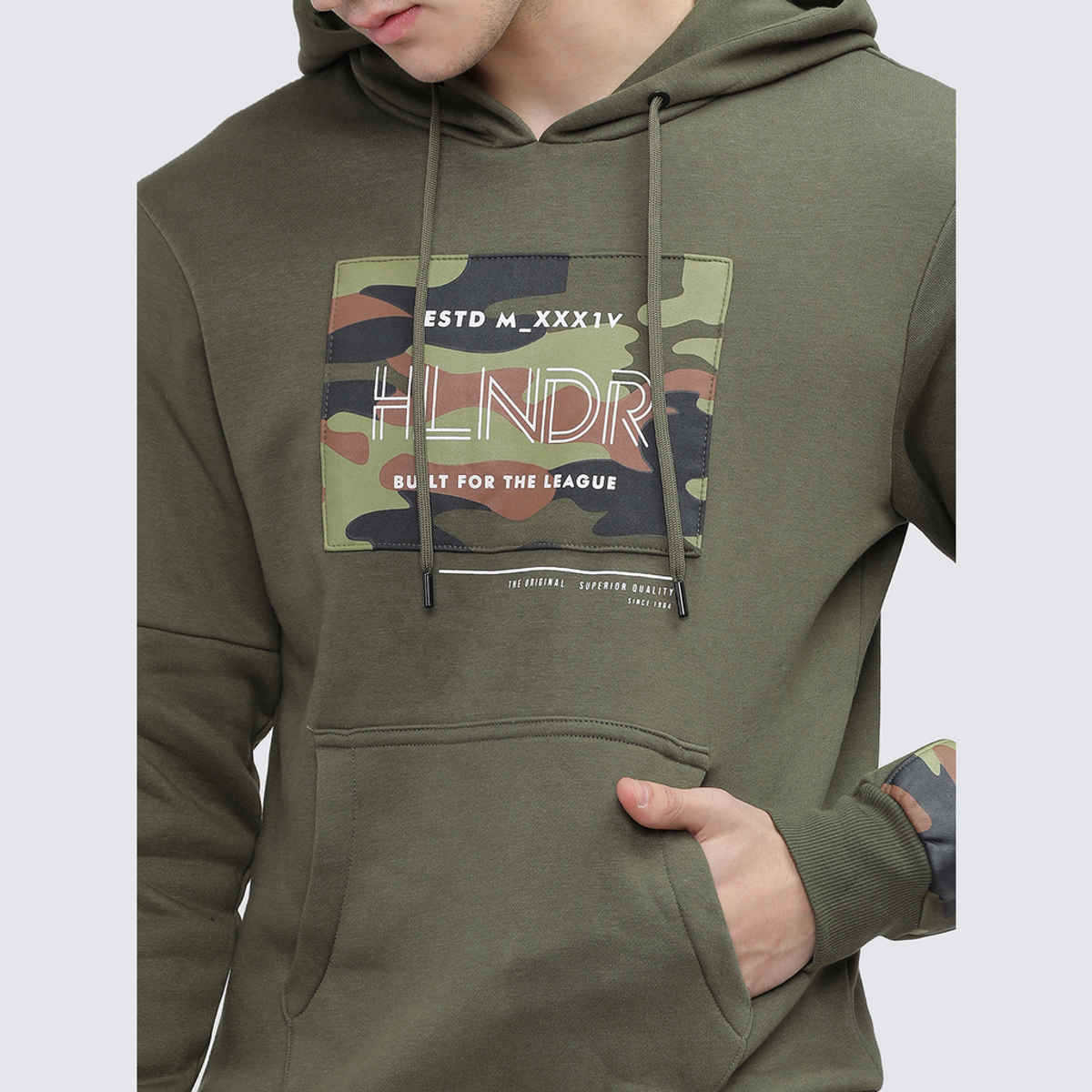 HIGHLANDER Men's Hooded Sweatshirt | Olive Green and White Camouflage - M