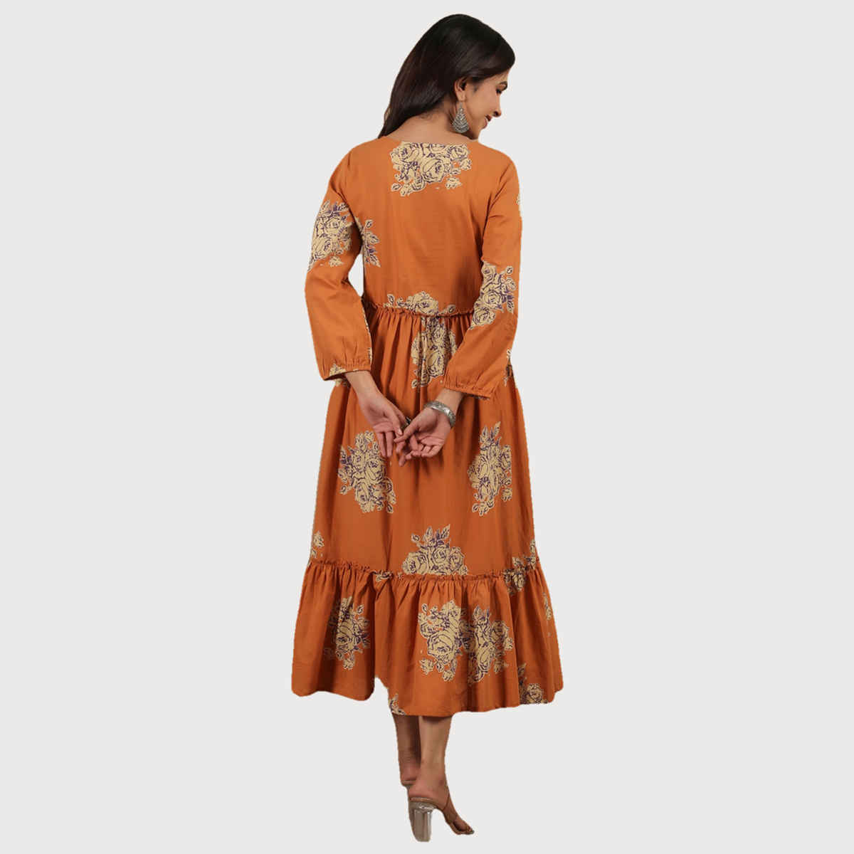 Rangdeep Women s Cotton Floral Printed Fit and Flare Ethnic Dresses | Brown | L