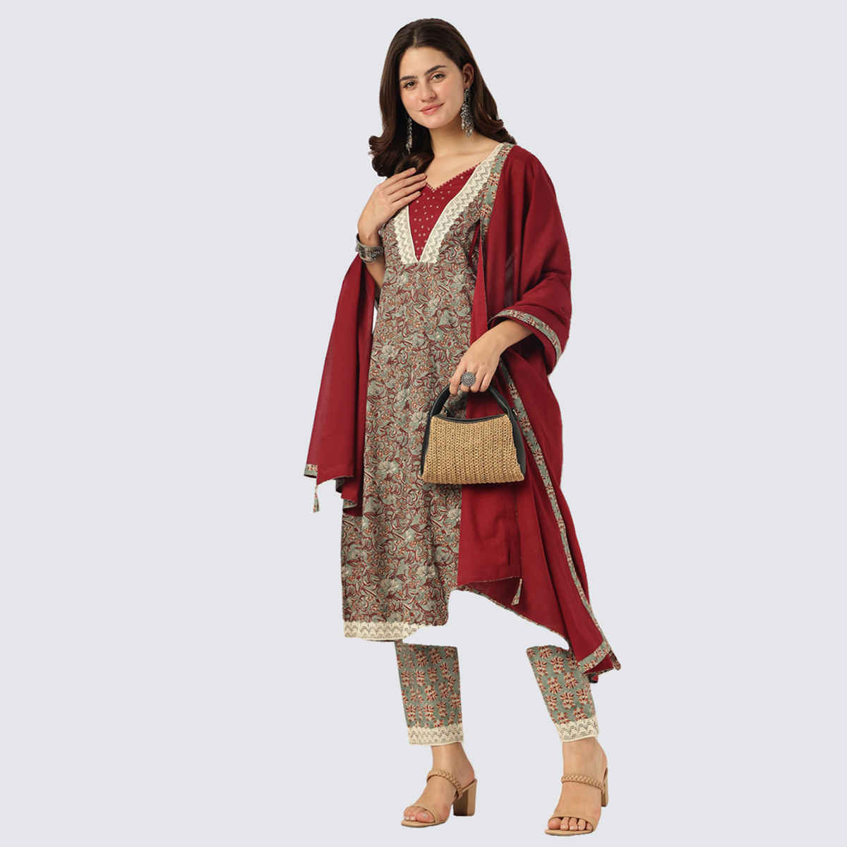 Janasya Women's Pure Cotton Floral Printed Anarkali Kurta Set | Sage Green - S