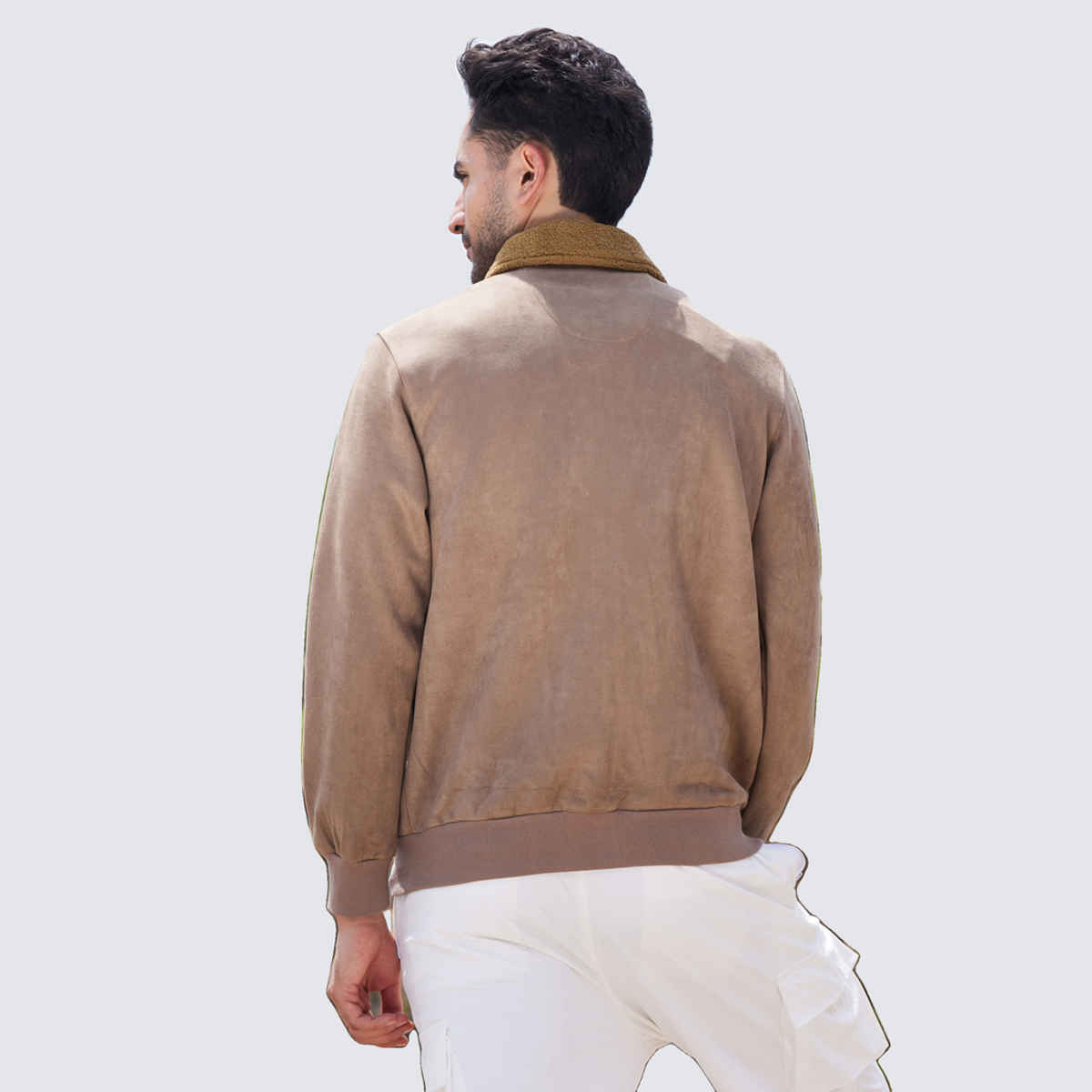 Campus Sutra Men's Zip-Front Jacket With Fleece Collar | Beige - M
