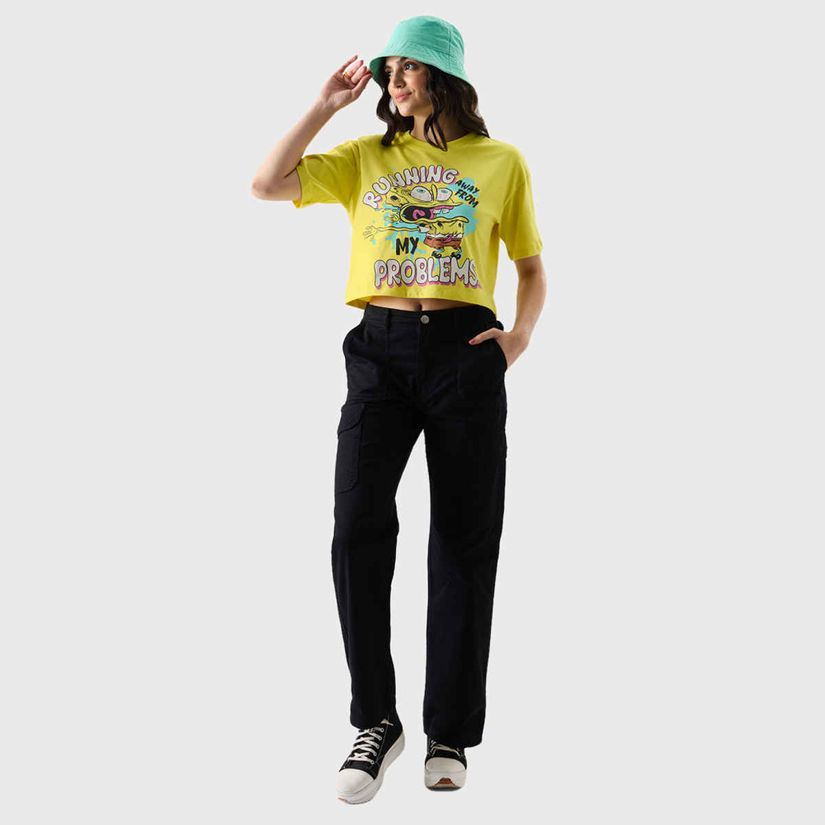 The Souled Store Women's SpongeBob Running Away Oversized Cropped T-shirt | Yellow - S