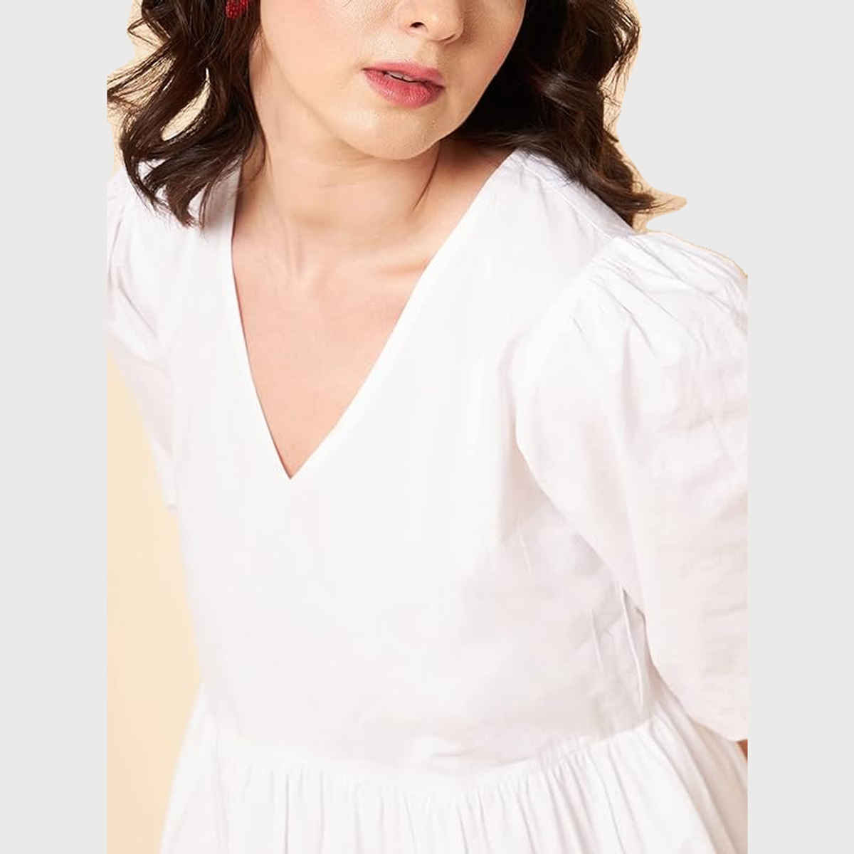 High Star Women's Puff Sleeves Tiered Pure Cotton Fit & Flare Midi Dress | White - M