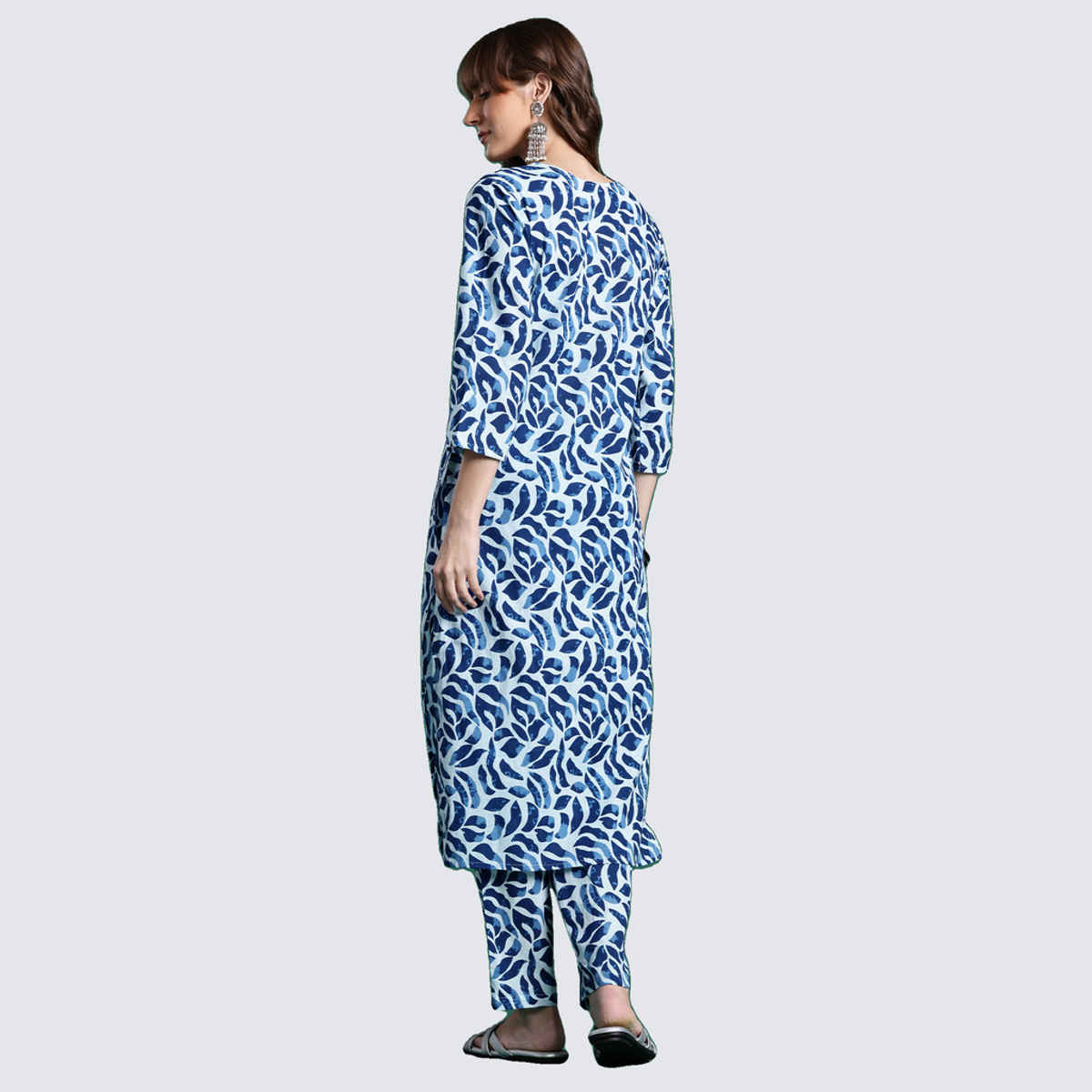 INDO ERA Women's Printed Straight Kurta Trouser Set | Blue - S
