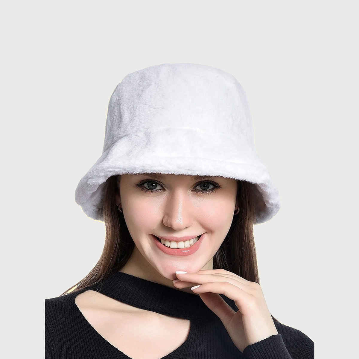 Fabseasons Women's Solid Acrylic and Faux Fur Bucket Hat | Beige - One Size
