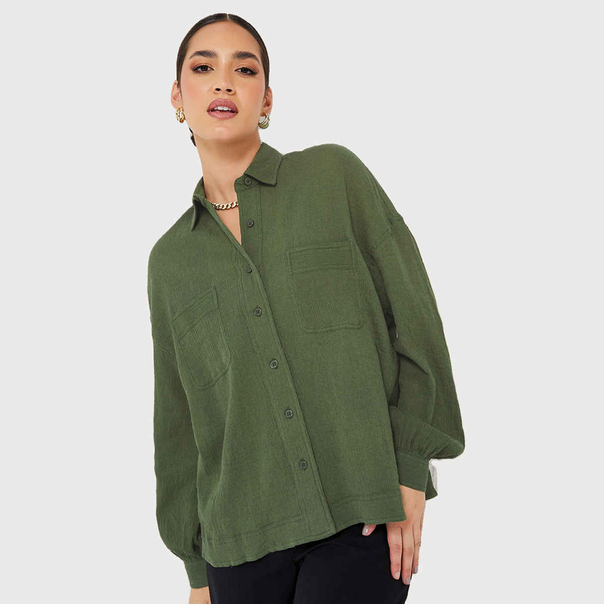 Styli Women's Casual Wear Solid Spread Collar Long Sleeves Regular Fit Longline Shirts | Khaki - L