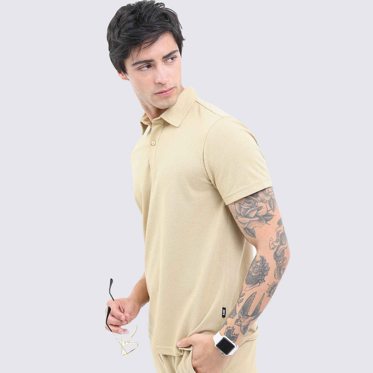 Highlander Men's Popcorn Structured Regular Fit Polo Collar T-shirt | Cream | L