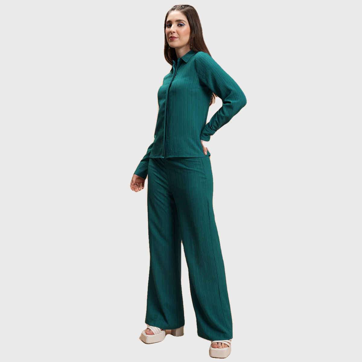 Ketch Women Pleated Shirt and Trousers Co-ords | Teal | L