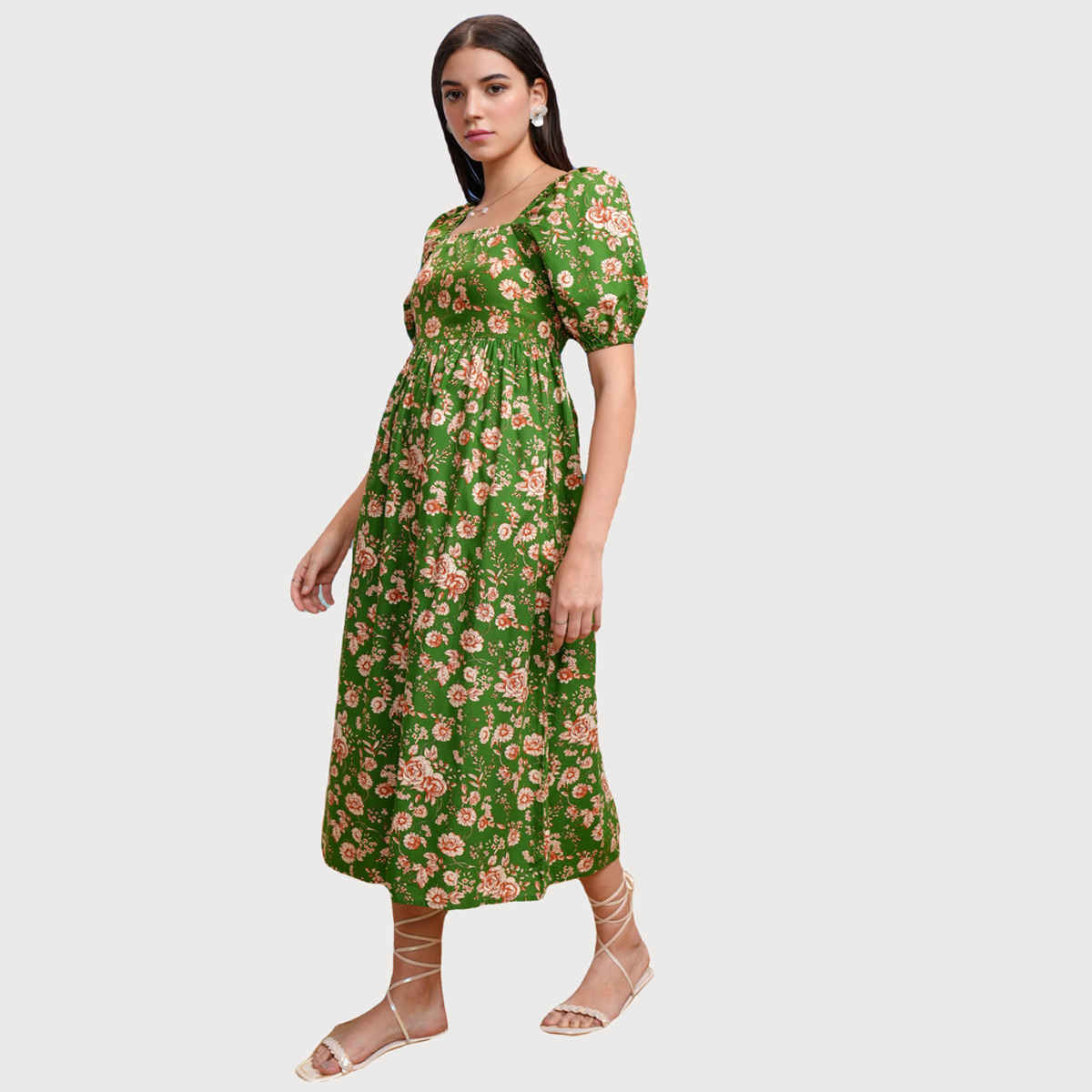 Tokyo Talkies Women's Floral Fit & Flare Square Neck Midi Dress | Multicolour - M