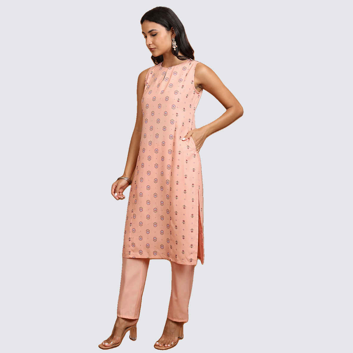 KETCH Women's Ethnic Motifs Printed Straight Kurta, Pyjamas with Dupatta | Peach - L