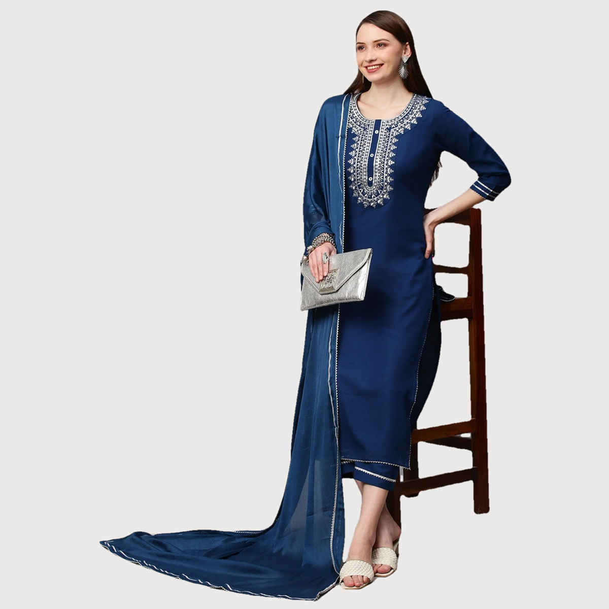 GoSriKi Women's Viscose Rayon Straight Embroidered Kurta with Pant & Dupatta | Blue - S