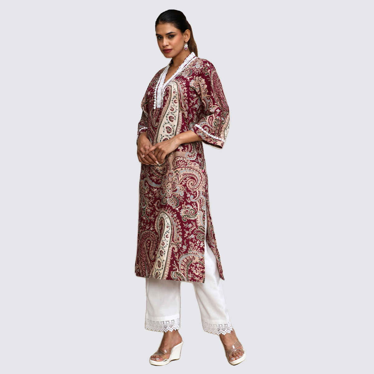 Varanga Women's Paisley Printed Three Quarter Sleeve Kurta | Maroon - 2XL