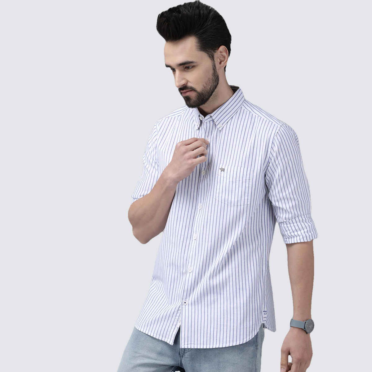 The Bear House Men's Striped Button-Down Casual Shirt | White - XL