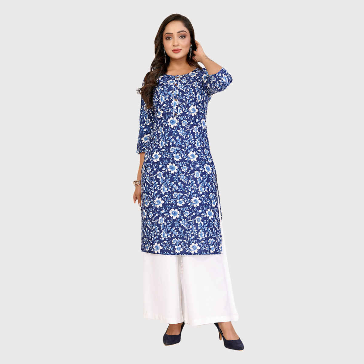 Rangita Women's Cotton Printed Straight Knee Length Kurta | Blue - S