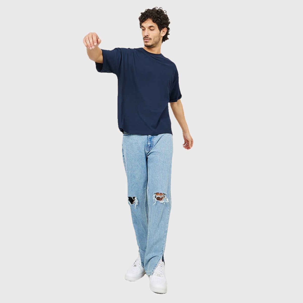 Styli Men's Waffle Knit Oversized T-shirt with Turn-Up Sleeves | Navy Blue - S